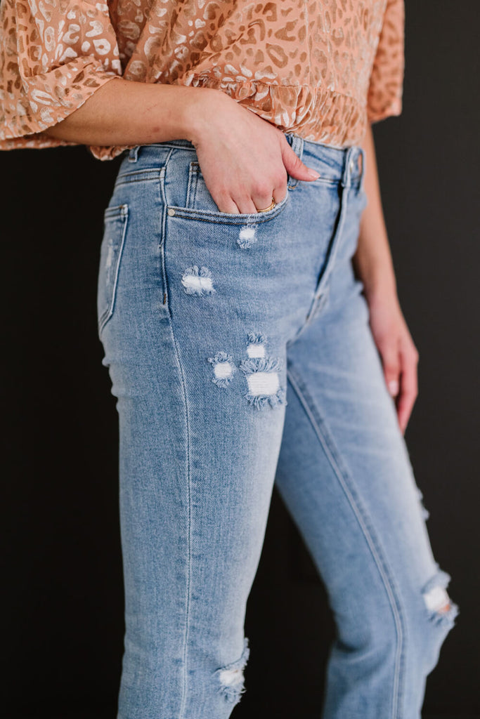 RISEN Divine Denim Full Size Run Distressed Flare Jeans - Belle Donne Clothing & Accessories