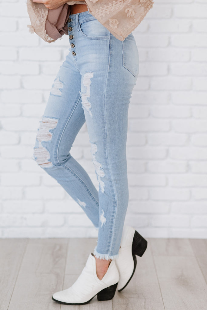 Kancan At Last Distressed Button Fly Skinny Jeans - Belle Donne Clothing & Accessories