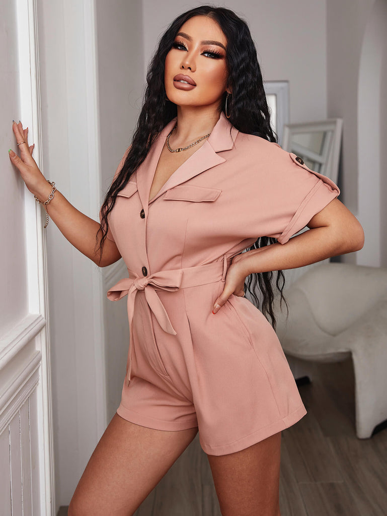 Tie-Waist Button Front Lapel Collar Romper - Belle Donne Clothing & Accessories