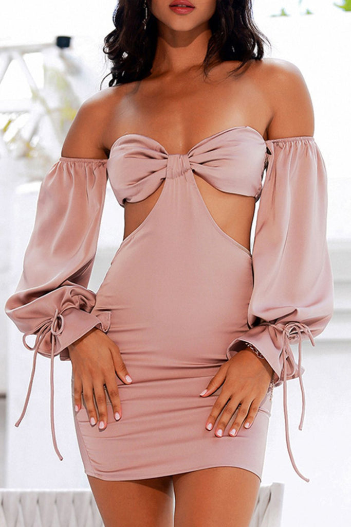 Bow Detail Cutout Smocked Off-Shoulder Dress - Belle Donne Clothing & Accessories