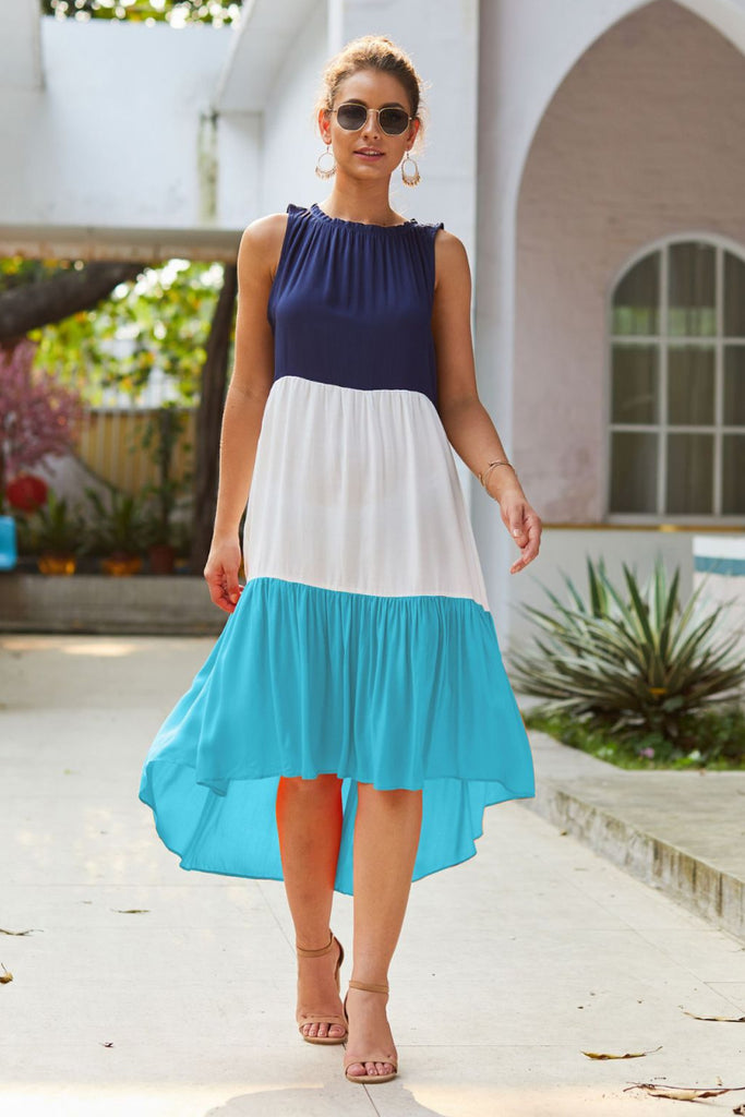 Sleeveless High Neck Color Block Dress - Belle Donne Clothing & Accessories