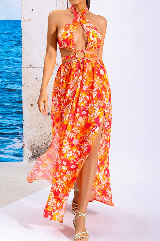 Floral Cutout Halter Neck Split Dress - Belle Donne Clothing & Accessories