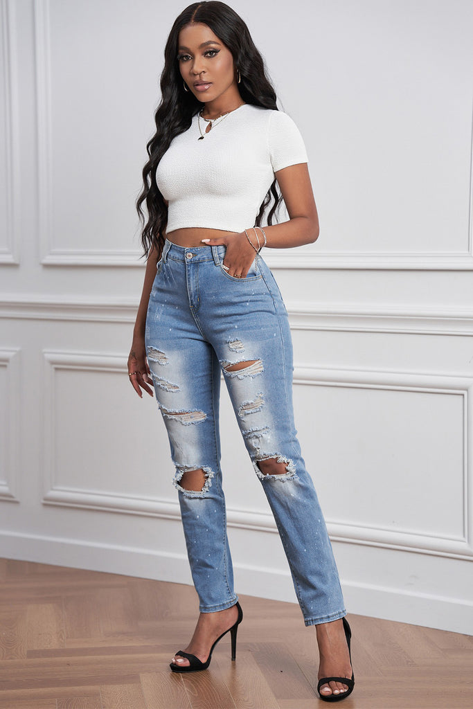 Ripped Straight Leg Jeans - Belle Donne Clothing & Accessories