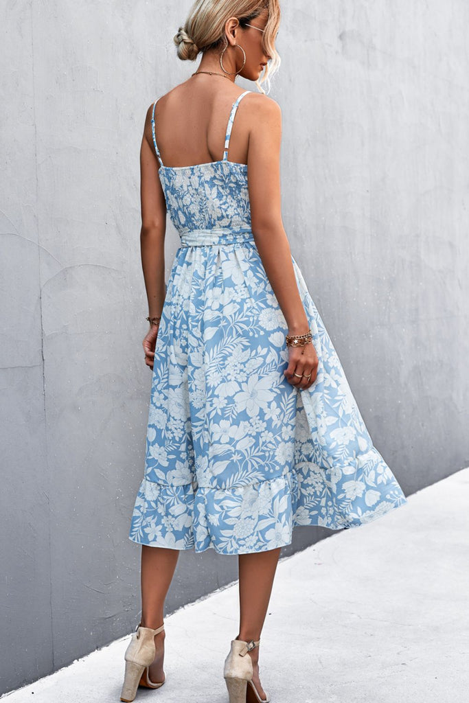 Floral Smocked Tie Waist Ruffle Hem Midi Dress - Belle Donne Clothing & Accessories