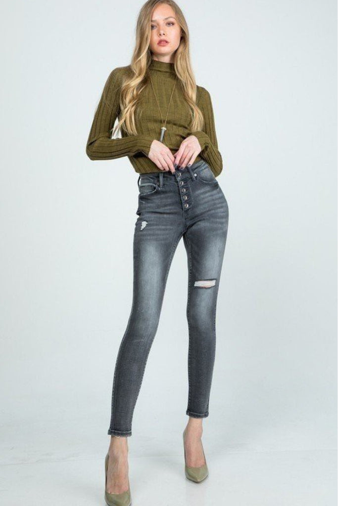 Faded Distressed Mid Rise Skinny with Button Fly - Belle Donne Clothing & Accessories