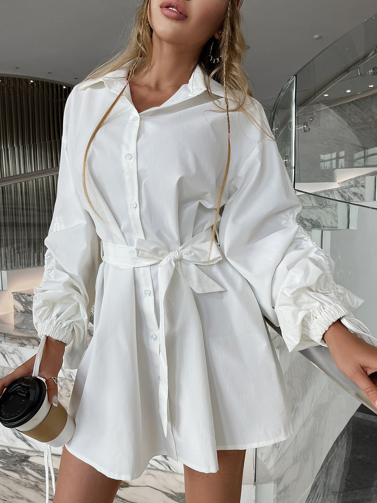 Drawstring Balloon Sleeves Belted Mini Shirt Dress - Belle Donne Clothing & Accessories