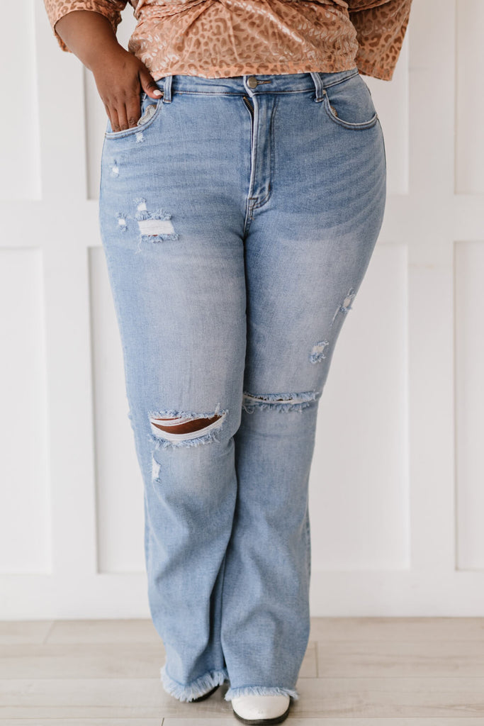 RISEN Divine Denim Full Size Run Distressed Flare Jeans - Belle Donne Clothing & Accessories