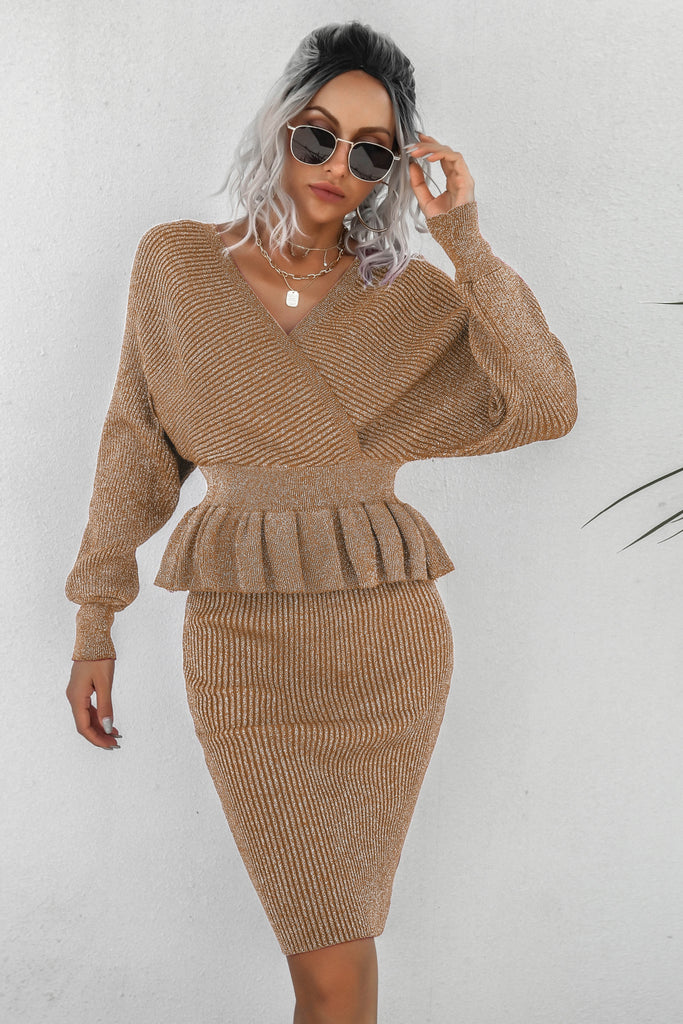 Peplum Dolman Sleeve Rib-Knit Top and Skirt Set - Belle Donne Clothing & Accessories