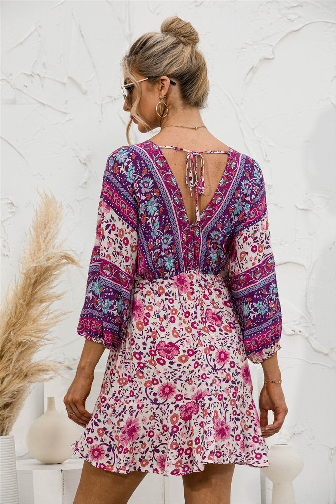 Printed Lantern Sleeve V Neck Dress - Belle Donne Clothing & Accessories