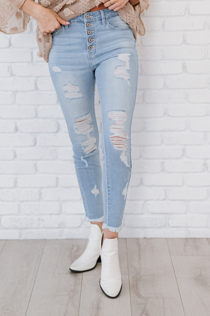 Kancan At Last Distressed Button Fly Skinny Jeans - Belle Donne Clothing & Accessories