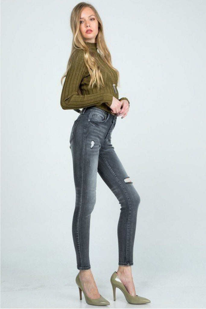 Faded Distressed Mid Rise Skinny with Button Fly - Belle Donne Clothing & Accessories