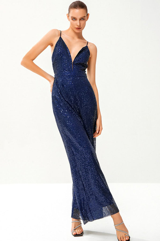 Sequined Spaghetti Strap Plunge Wide Leg Jumpsuit - Belle Donne Clothing & Accessories