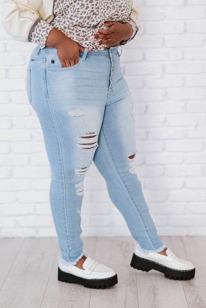 Kancan At Last Distressed Button Fly Skinny Jeans - Belle Donne Clothing & Accessories