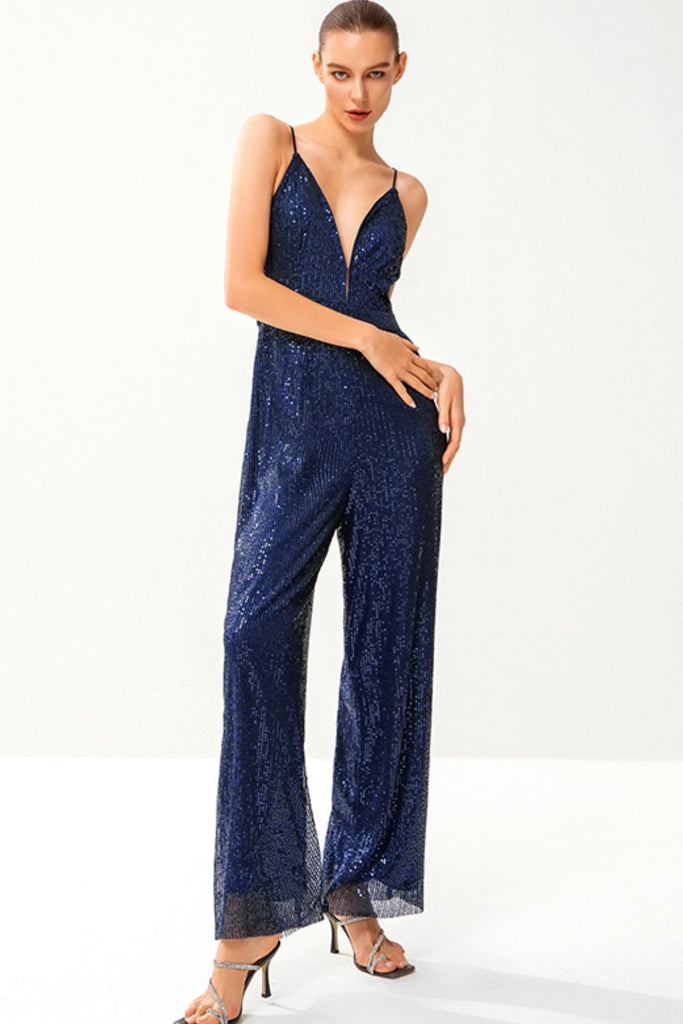 Sequined Spaghetti Strap Plunge Wide Leg Jumpsuit - Belle Donne Clothing & Accessories