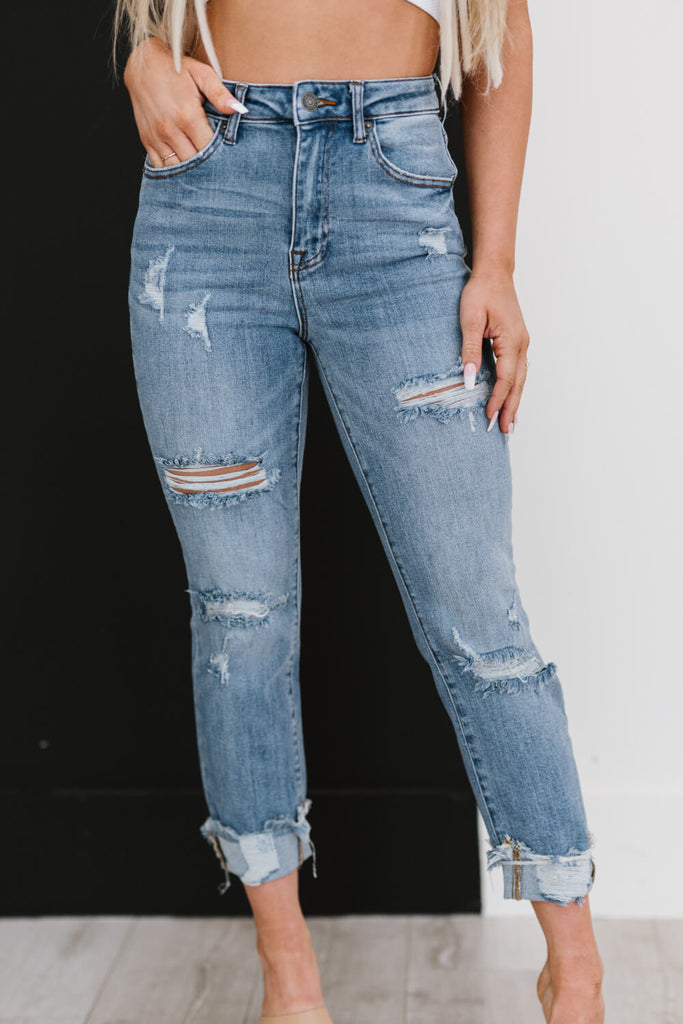 RISEN Taking It Easy Full Size Run Distressed Straight Leg Jeans - Belle Donne Clothing & Accessories