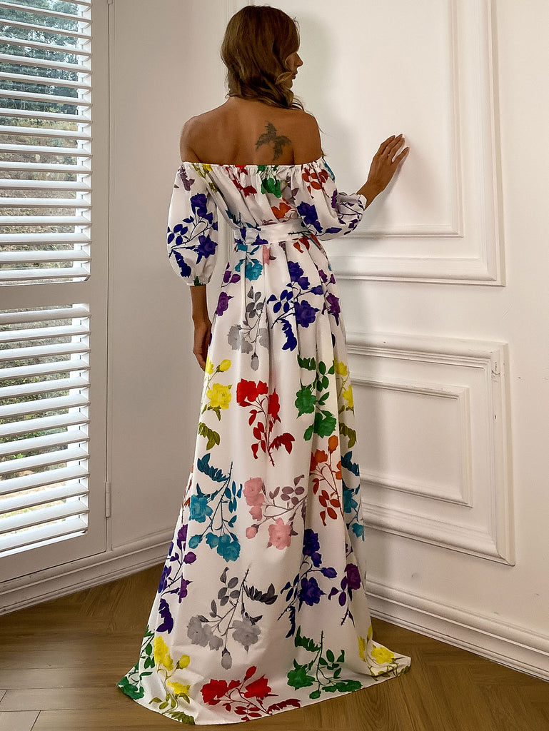 Floral Tie-Waist Off-Shoulder Floor-Length Dress - Belle Donne Clothing & Accessories