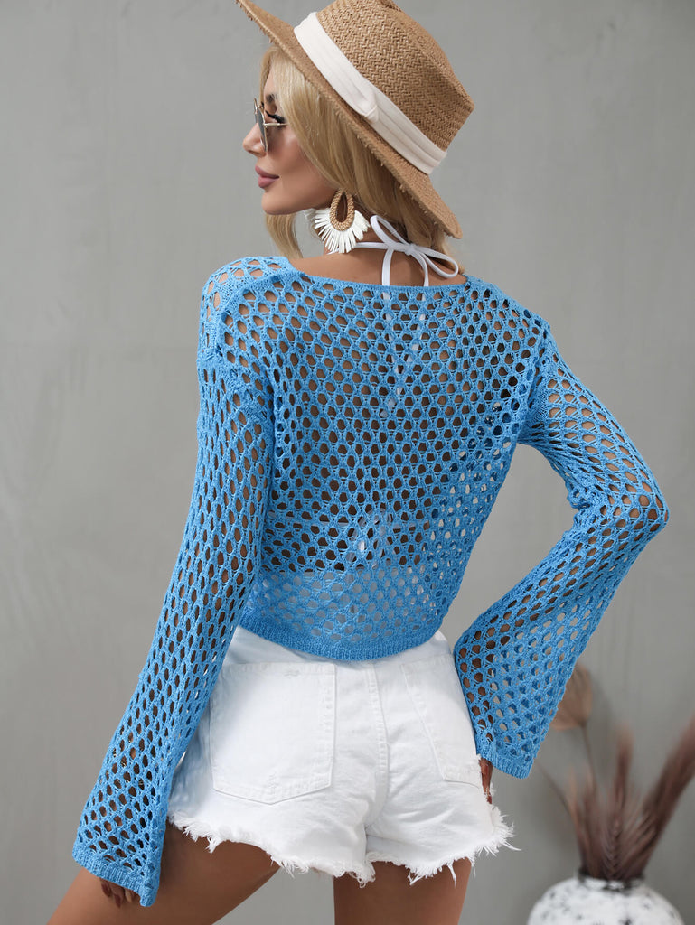 Openwork Flare Sleeve Cropped Cover Up - Belle Donne Clothing & Accessories