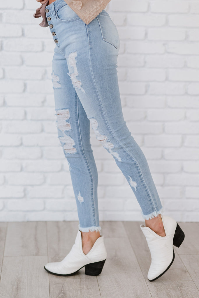 Kancan At Last Distressed Button Fly Skinny Jeans - Belle Donne Clothing & Accessories