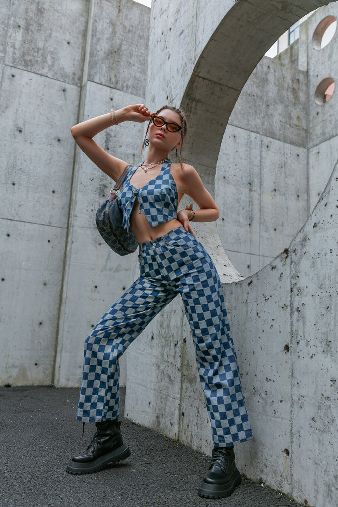 Checkered Lace Up Cropped Top and Pants Set - Belle Donne Clothing & Accessories