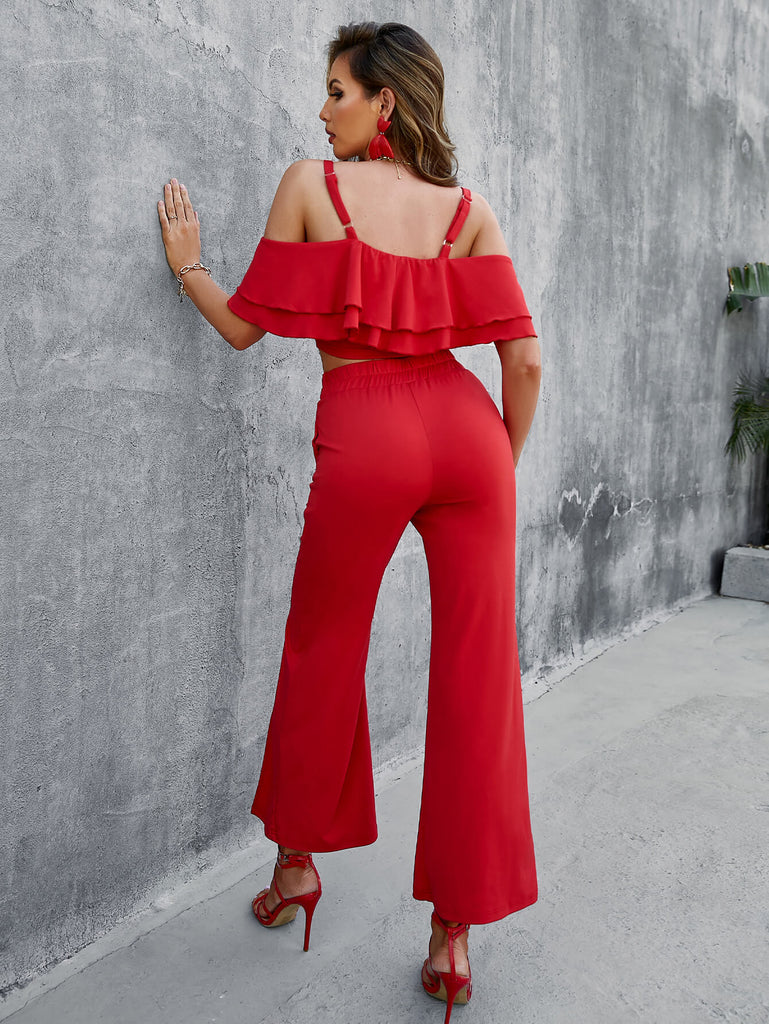 Ruffled Cropped Cami and Slit Pants Set - Belle Donne Clothing & Accessories