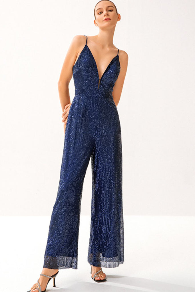 Sequined Spaghetti Strap Plunge Wide Leg Jumpsuit - Belle Donne Clothing & Accessories