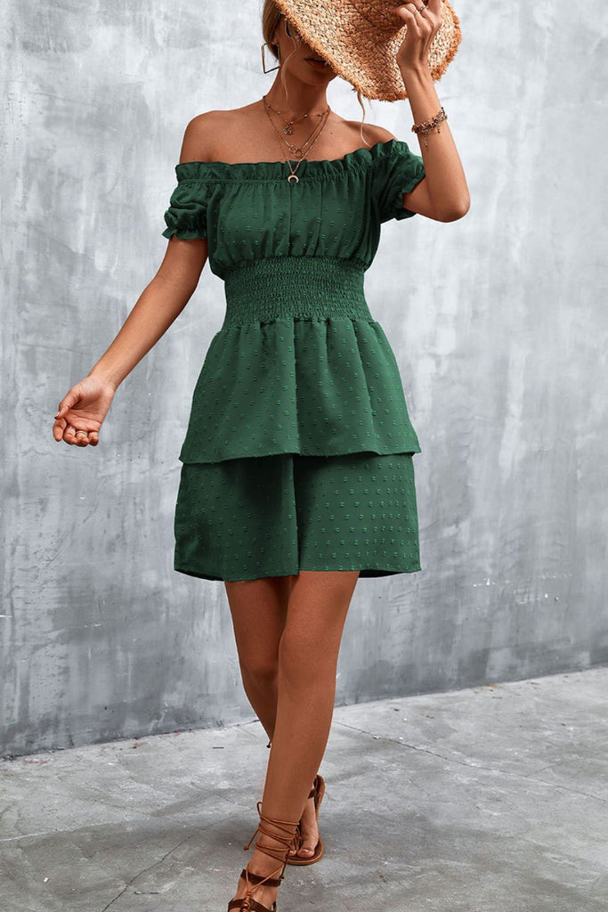 Swiss Dot Layered Off-Shoulder Smocked Dress - Belle Donne Clothing & Accessories