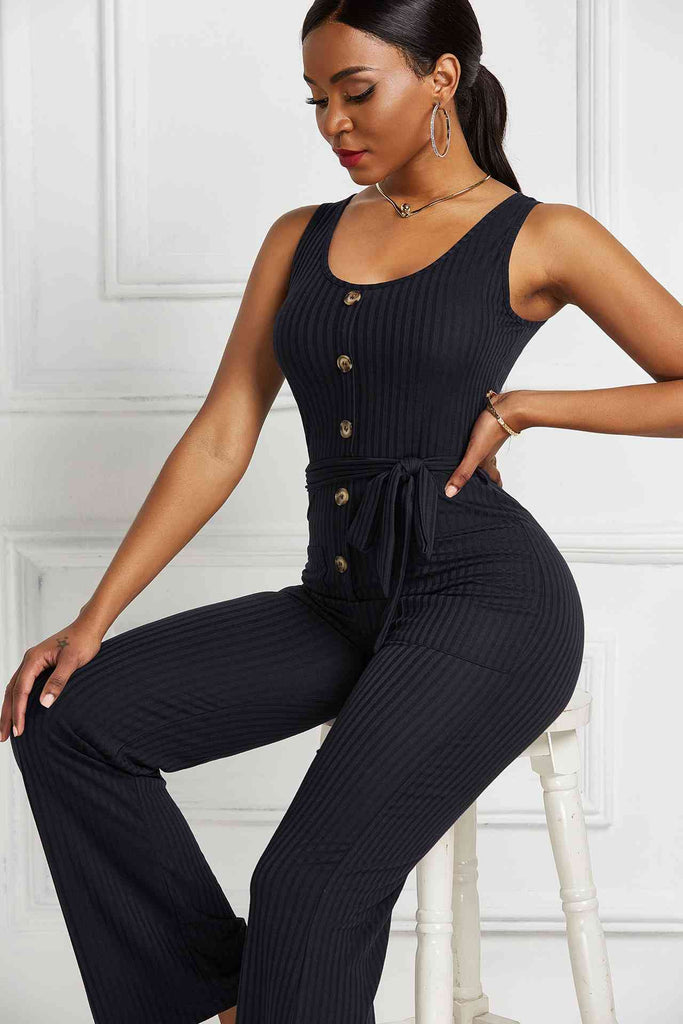 Button Detail Tie Waist Jumpsuit with Pockets - Belle Donne Clothing & Accessories