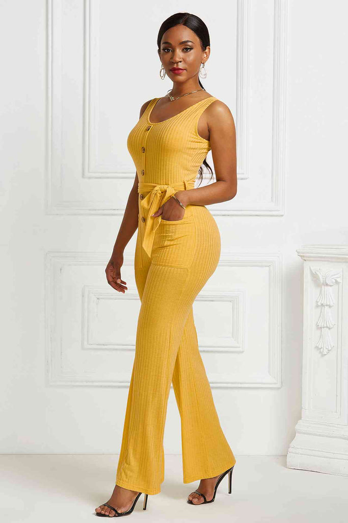 Button Detail Tie Waist Jumpsuit with Pockets - Belle Donne Clothing & Accessories