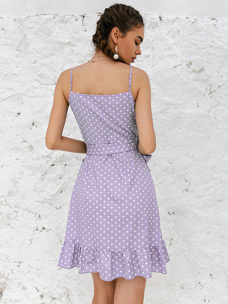 Polka Dot Tie Waist Ruffle Hem Mini Wrap Dress - Belle Donne Clothing & Accessories