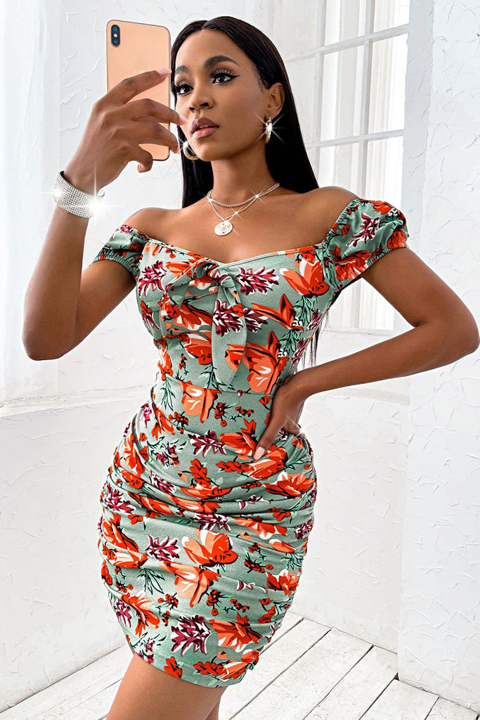 Floral Ruched Bow Detail Bodycon Dress - Belle Donne Clothing & Accessories