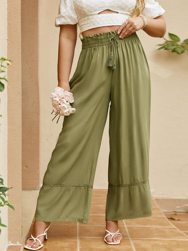 Plus Size Drawstring Detail Paperbag Wide Leg Pants - Belle Donne Clothing & Accessories