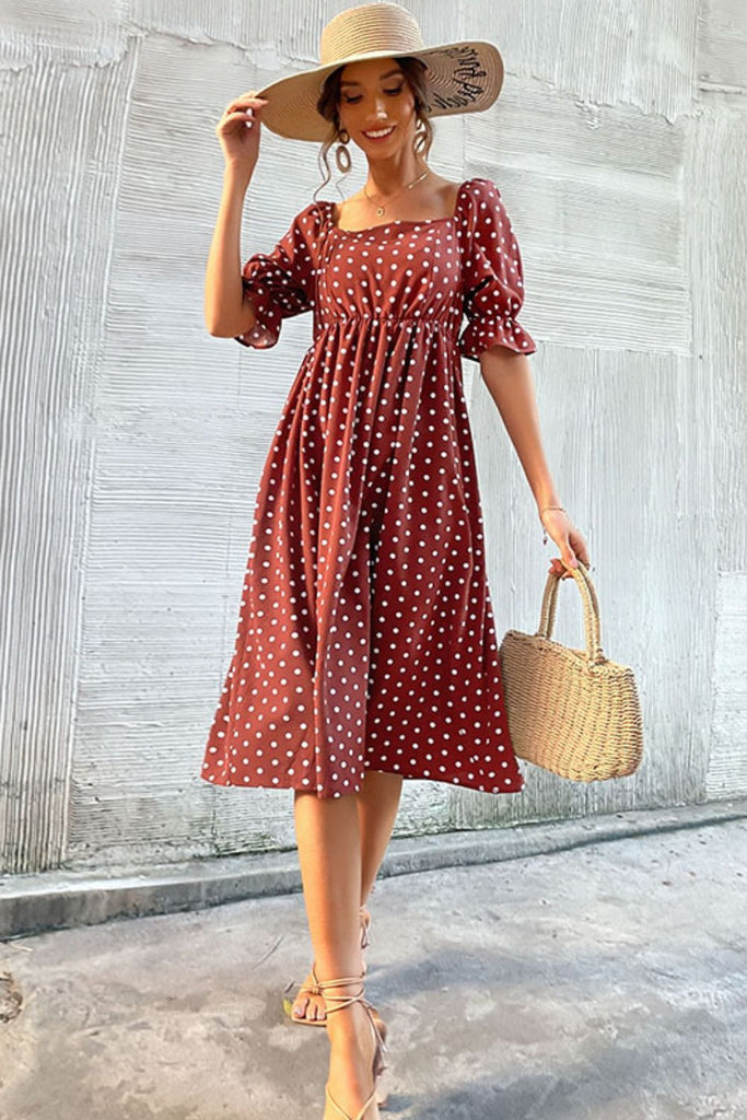 Polka Dot Square Neck Flounce Sleeve Dress - Belle Donne Clothing & Accessories