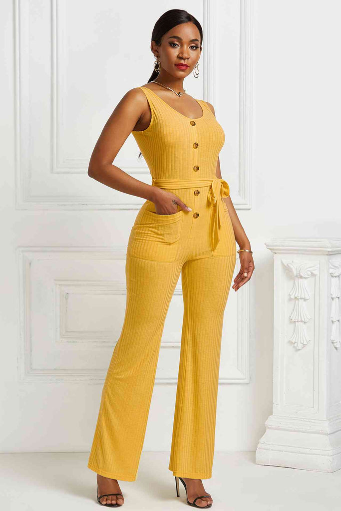 Button Detail Tie Waist Jumpsuit with Pockets - Belle Donne Clothing & Accessories