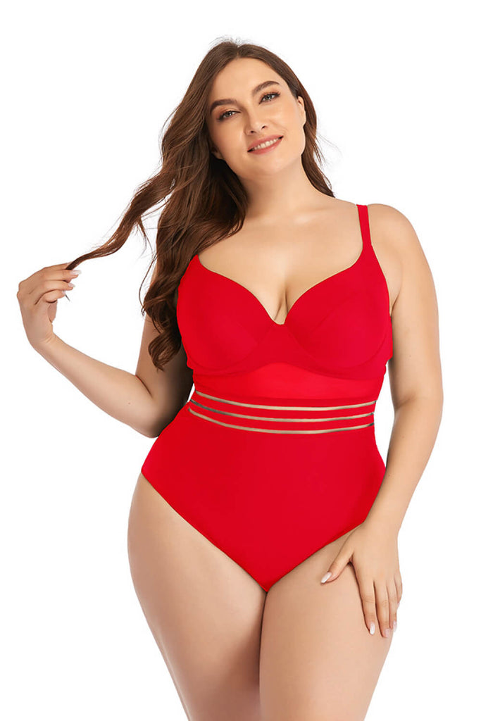 Plus Size Spliced Mesh Tie-Back One-Piece Swimsuit - Belle Donne Clothing & Accessories