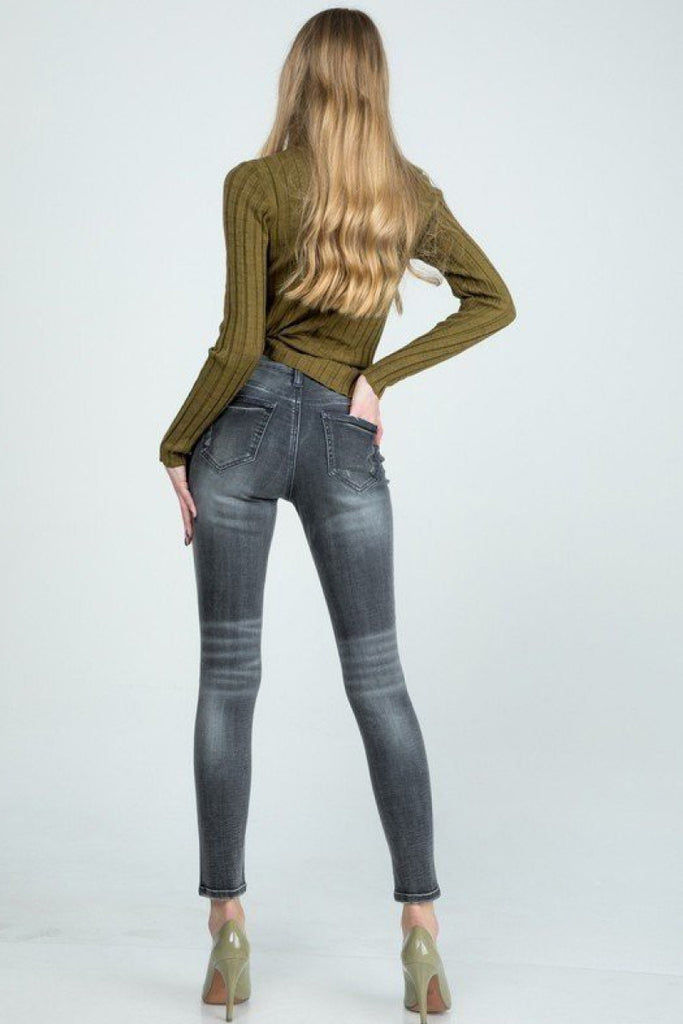 Faded Distressed Mid Rise Skinny with Button Fly - Belle Donne Clothing & Accessories