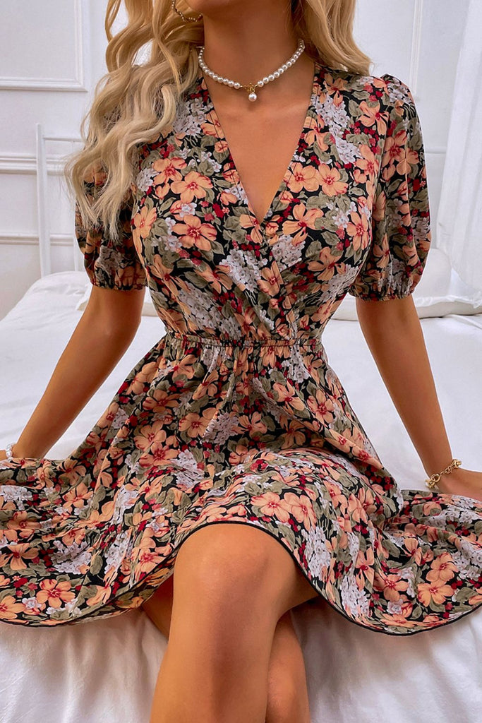 Floral Puff Sleeve Tie Back Dress - Belle Donne Clothing & Accessories