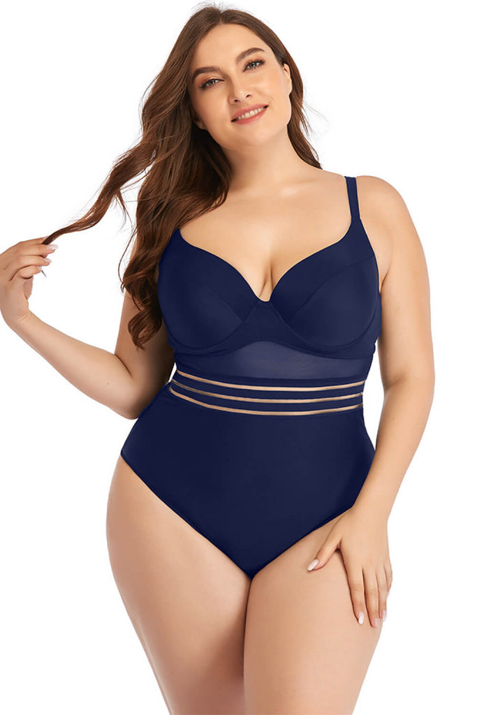 Plus Size Spliced Mesh Tie-Back One-Piece Swimsuit - Belle Donne Clothing & Accessories