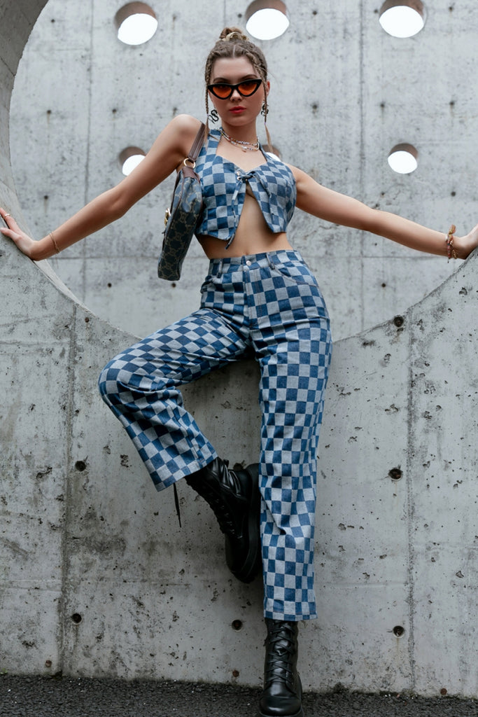 Checkered Lace Up Cropped Top and Pants Set - Belle Donne Clothing & Accessories