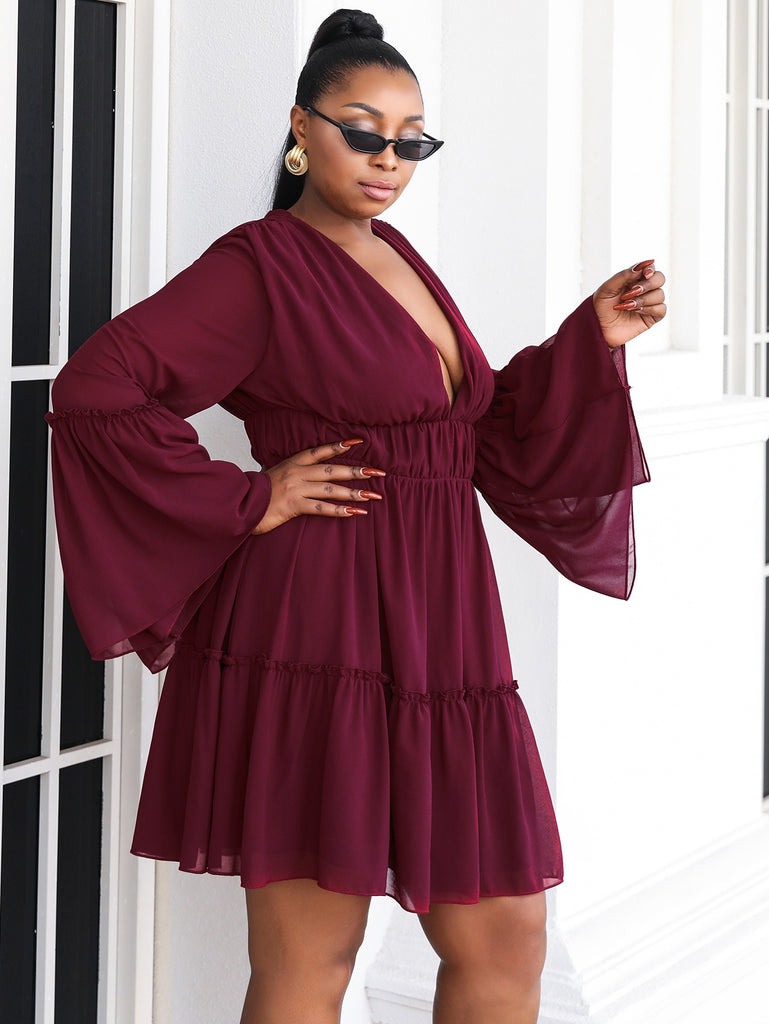 Plus Size Flare Sleeve Plunge Mini Dress - Belle Donne Clothing & Accessories