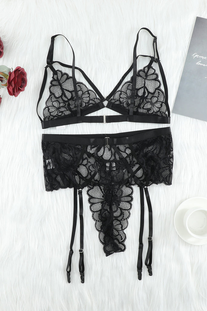 Strappy Three-Piece Lace Lingerie Set - Belle Donne Clothing & Accessories