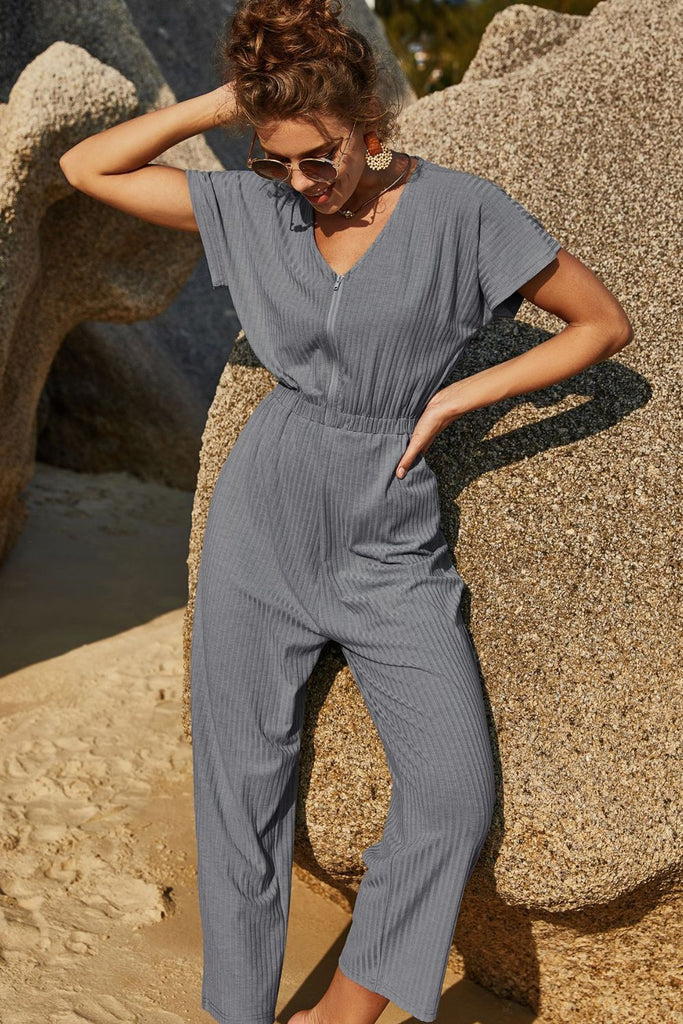 Elastic Waist Zip Up V-Neck Jumpsuit - Belle Donne Clothing & Accessories