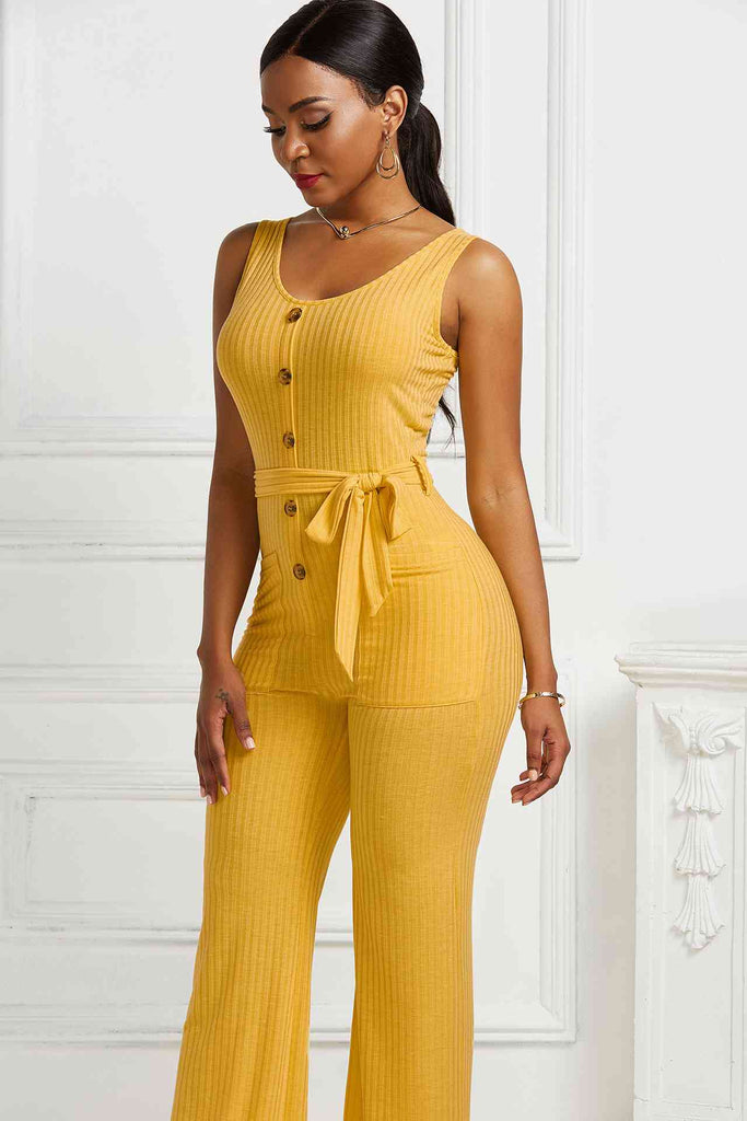 Button Detail Tie Waist Jumpsuit with Pockets - Belle Donne Clothing & Accessories