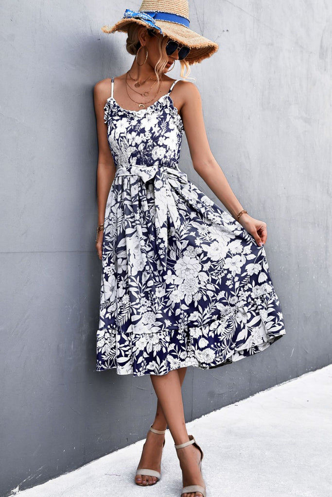 Floral Smocked Tie Waist Ruffle Hem Midi Dress - Belle Donne Clothing & Accessories