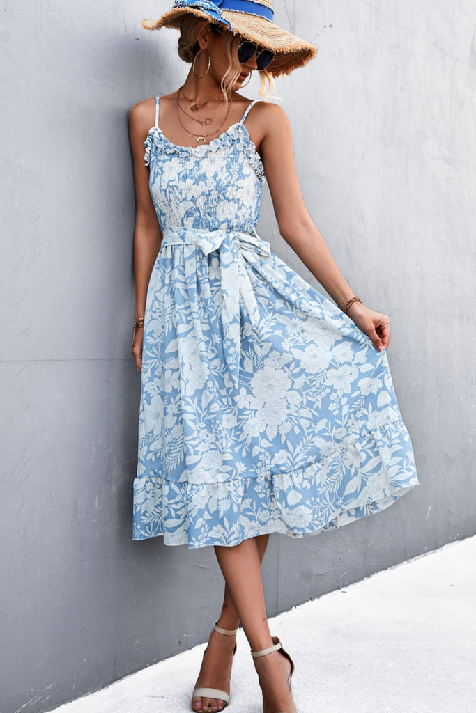 Floral Smocked Tie Waist Ruffle Hem Midi Dress - Belle Donne Clothing & Accessories