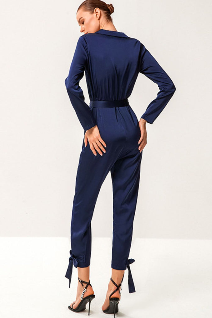 Tie-Waist Button Front Collared Satin Jumpsuit - Belle Donne Clothing & Accessories