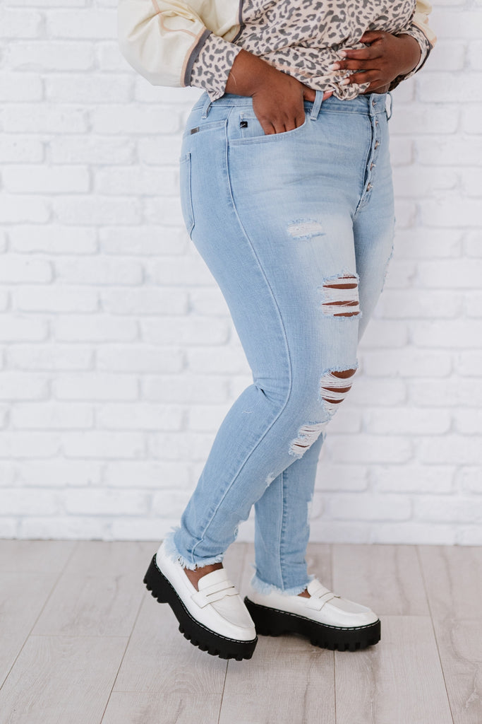 Kancan At Last Distressed Button Fly Skinny Jeans - Belle Donne Clothing & Accessories