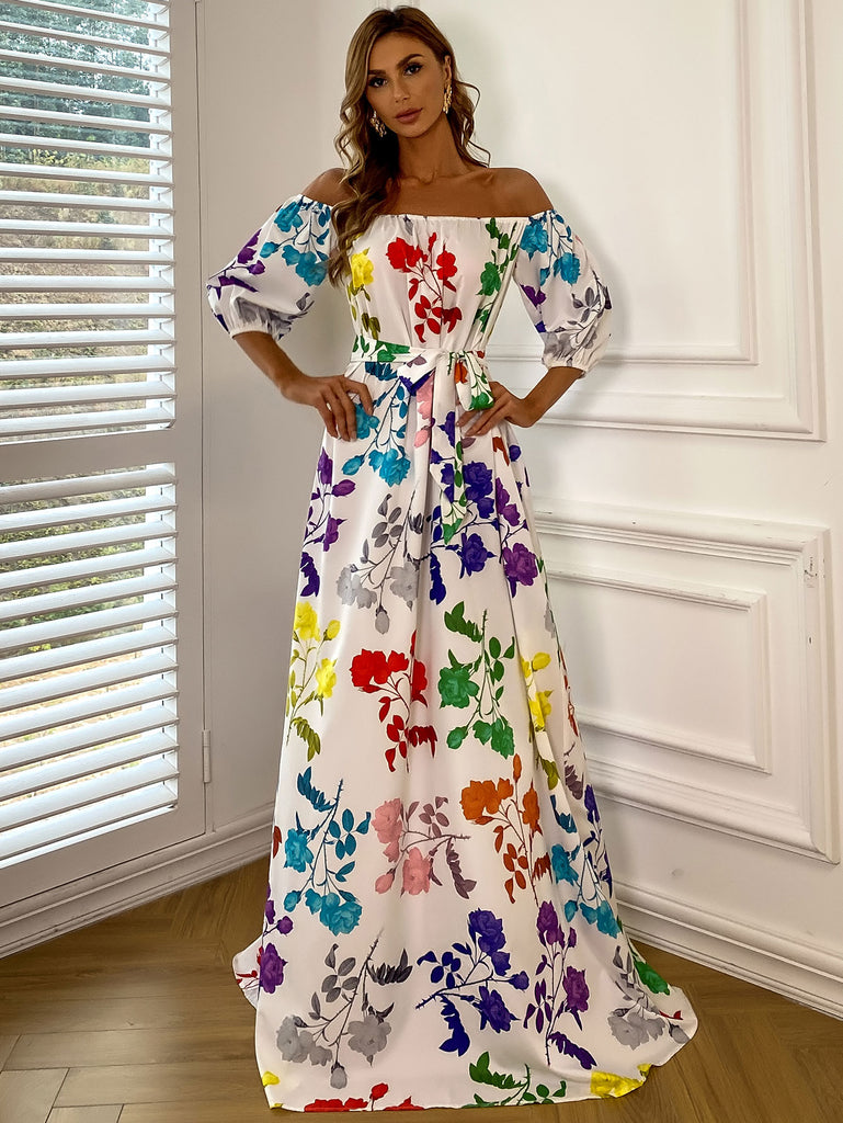 Floral Tie-Waist Off-Shoulder Floor-Length Dress - Belle Donne Clothing & Accessories