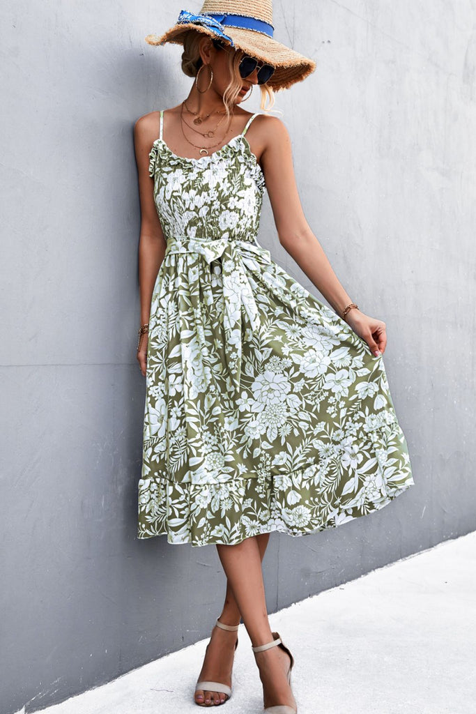 Floral Smocked Tie Waist Ruffle Hem Midi Dress - Belle Donne Clothing & Accessories