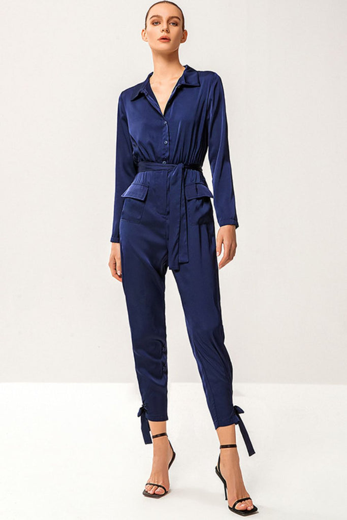 Tie-Waist Button Front Collared Satin Jumpsuit - Belle Donne Clothing & Accessories