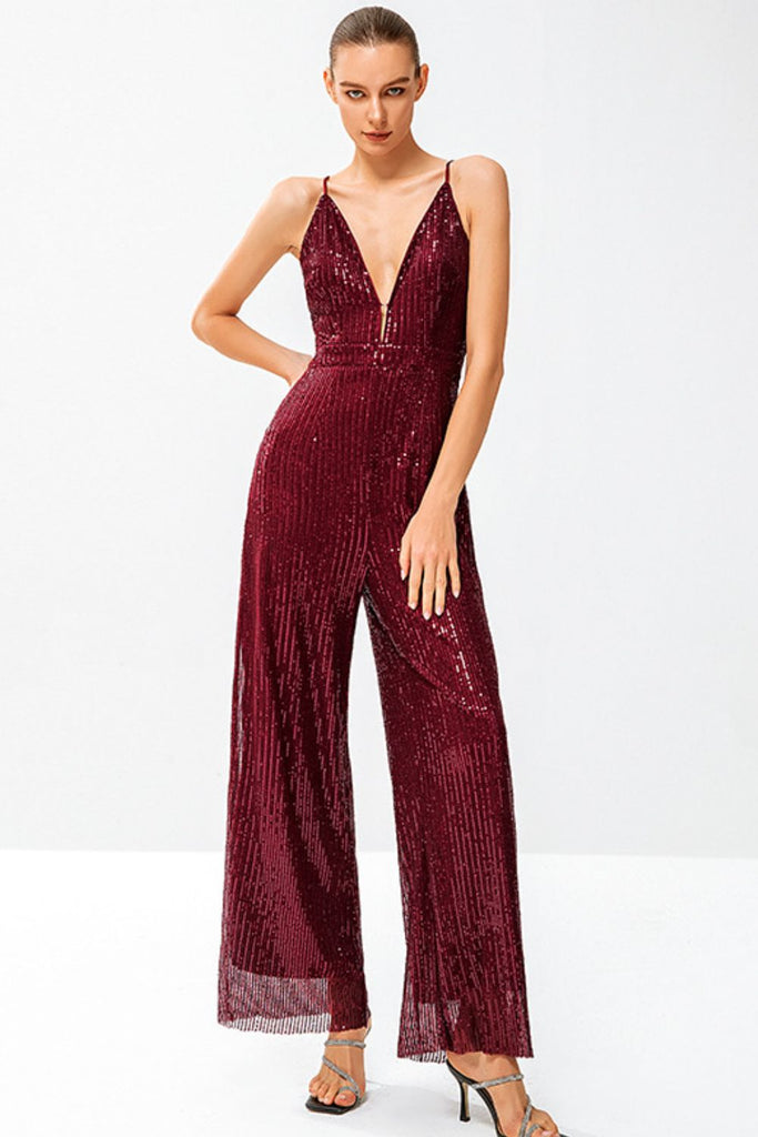 Sequined Spaghetti Strap Plunge Wide Leg Jumpsuit - Belle Donne Clothing & Accessories